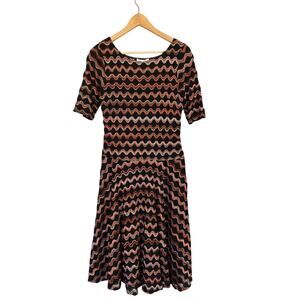 Dressbarn Pullover Skater Dress Women's Sz 10 Black Brown Wavy Stripes Retro 70s